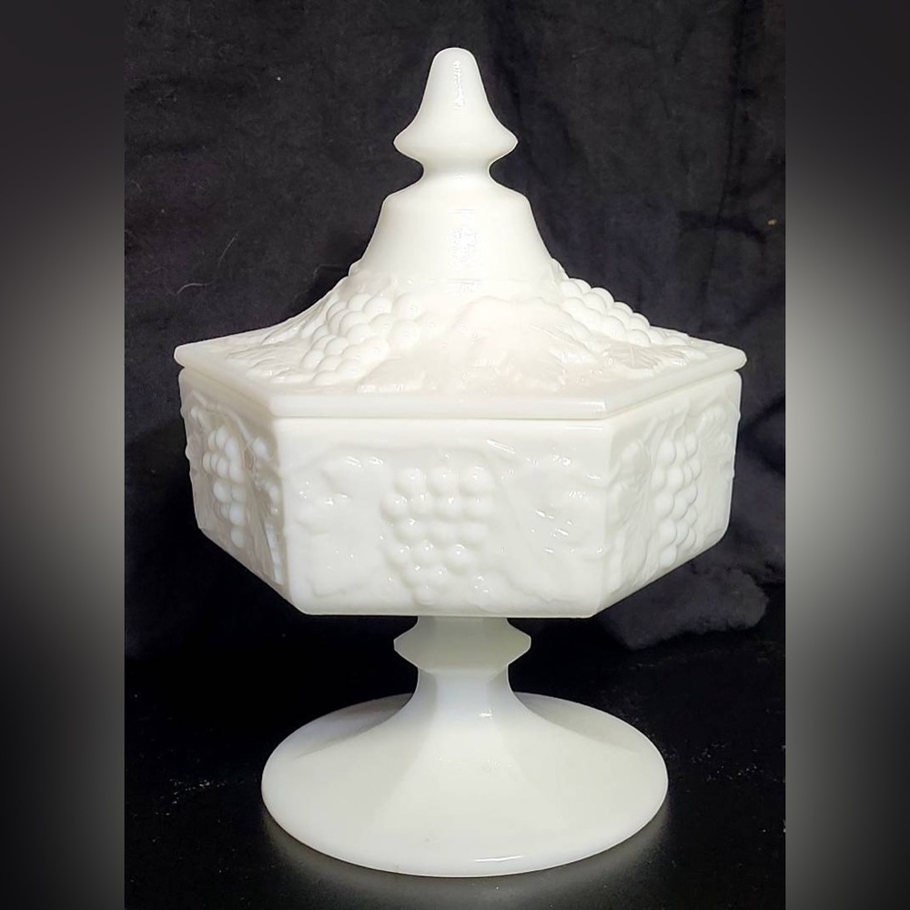 Indiana Glass Milk Glass Pedestal Dish with Grape Design